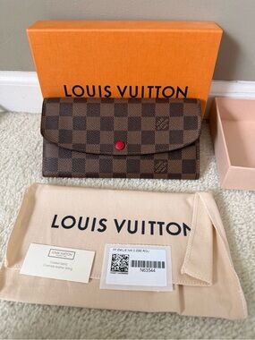 Louis Vuitton Damier Ebene Emilie Long Wallet with a Red Snap
